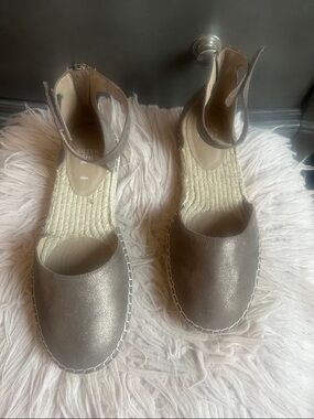 Eileen Fisher Metallic Taupe Espadrille Ankle-Strap Wedge Sandal